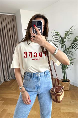 Krem Vogue Baskılı Tişört
