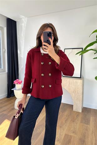 Lara Bordo Düğme Detaylı Triko Hırka