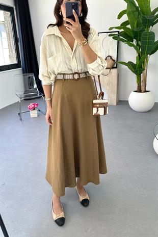 Lole Kemerli  Camel Keten Maxi Etek
