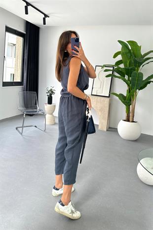 Mona Antrasit Beli Bağlamalı Bluz Pantolon Takım