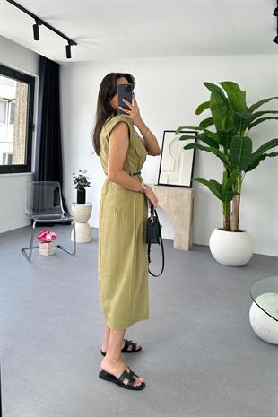 Liza Olive Kemer Detaylı Tensel Elbise