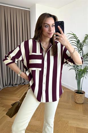 Zr Bordo Ekru Çizgili Gömlek