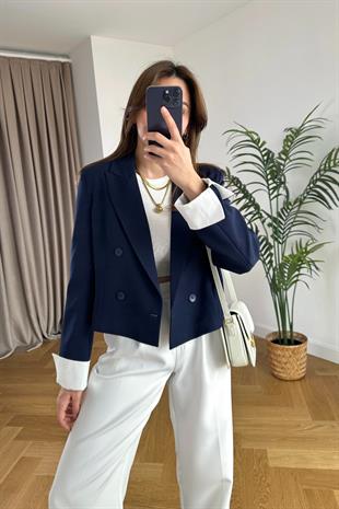 ZR Lacivert Kol Detaylı Çift Düğmeli Blazer 