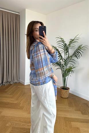 Perex Mavi Kahve Desenli Kruvaze Gömlek