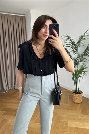 Olla Siyah Fırfırlı Şifon Gömlek 