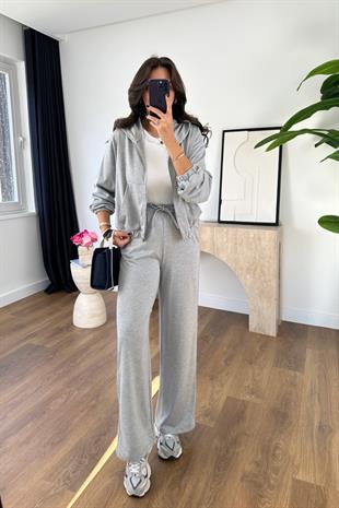 Bolse Gri Işıltılı Beli Bağlamalı Sweat Pantolon Takım