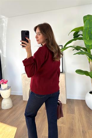 Lara Bordo Düğme Detaylı Triko Hırka