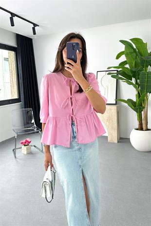 Lonte Pembe Bağlama Detaylı Bluz