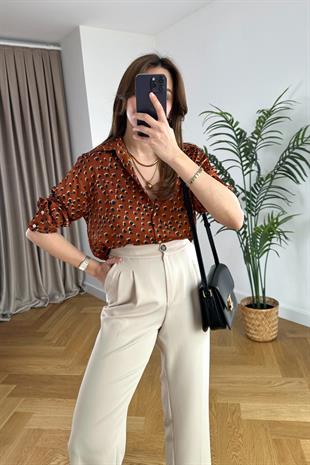 Kiremit Siyah Desenli Saten Gömlek