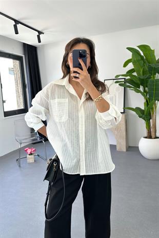 Rio Beyaz Kendinden Çizgili Gömlek