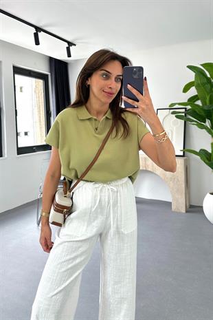 Lena Haki Polo Yaka T Kol Tişört