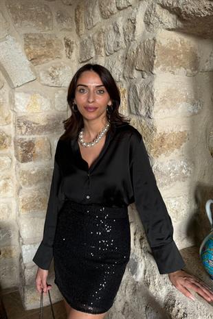 Olente Siyah Saten Gömlek