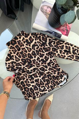 Loseli Leopar Desenli Yanları Büzgülü Bluz