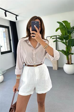 Lenora Beyaz Kahve Çizgili Keten Gömlek