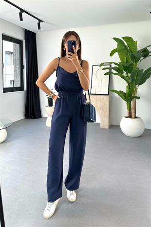 Lina Lacivert Ayarlanabilir İp Askılı Bluz Pantolon Takım