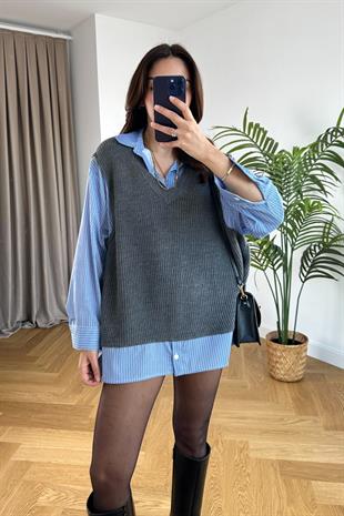 Triko Detaylı Çizgili Gömlek