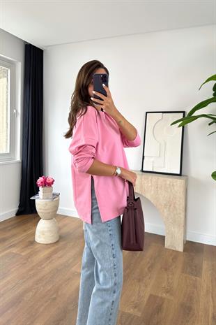 Merlin Şeker Pembe Yırtmaç Detaylı Oversize Sweatshirt