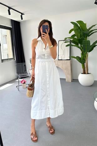 Loves Beyaz Halter Yaka Gabardin Elbise