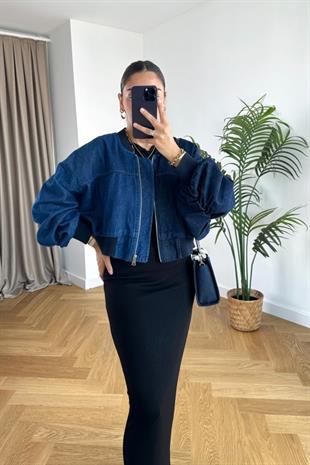 Kontrast Renkli Denim Bomber Ceket