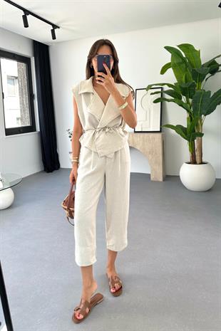 Lorea Taş Keten Yelek Pantolon Takım