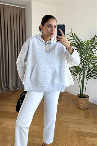 Zaren Gri Çift Kumaş Detaylı Sweatshirt