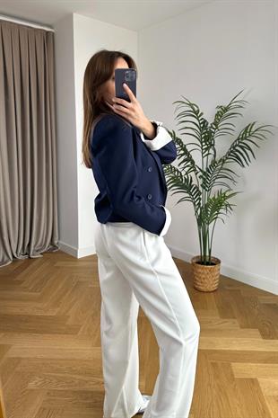 ZR Lacivert Kol Detaylı Çift Düğmeli Blazer 