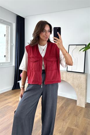 Meleya Bordo Kapak Cep Detaylı Yelek