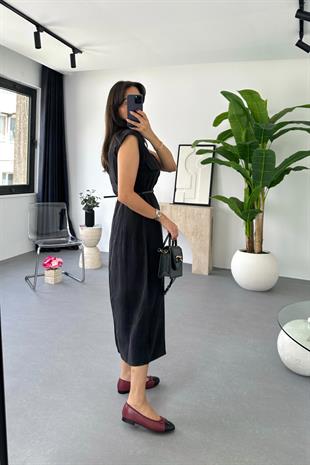 Liza Siyah Kemer Detaylı Tensel Elbise