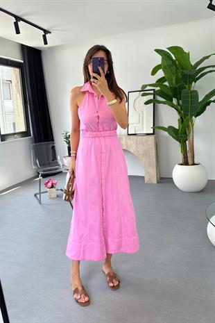 Loves Pembe Halter Yaka Gabardin Elbise