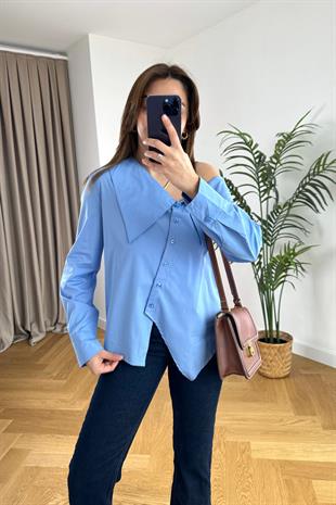 Calles Mavi Omuz Detaylı Tasarım Gömlek