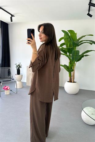 Garnie Kahve Keten Gömlek Pantolon Takım
