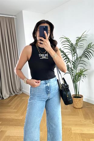 New Jersey Baskılı Siyah Halter Yaka Atlet