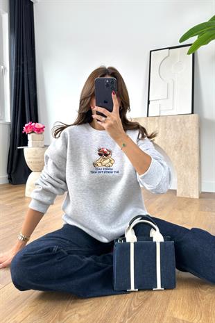 Teddy Gri Baskılı Oversize Sweatshirt