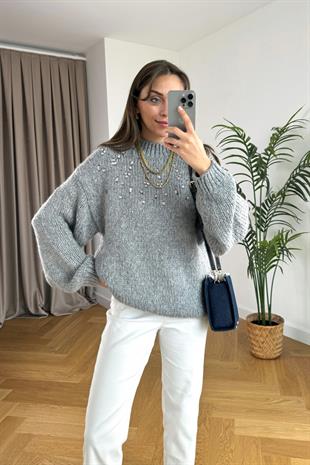 Meleng Koyu Gri İnci Detaylı Triko