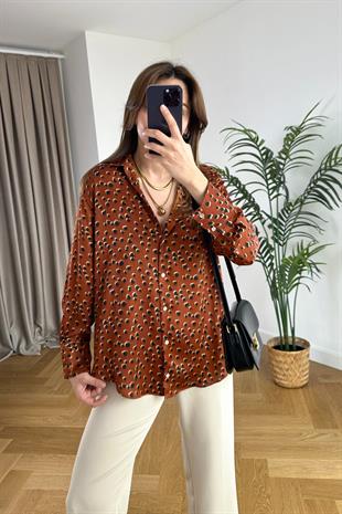 Kiremit Siyah Desenli Saten Gömlek