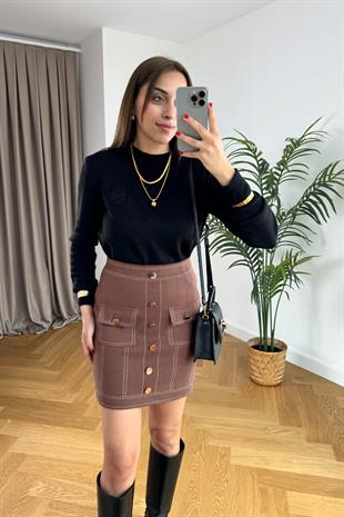 Puly Siyah Kare Nakışlı Triko
