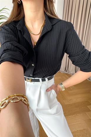 Monde Siyah Kendinden Çizgi Dokulu Gömlek