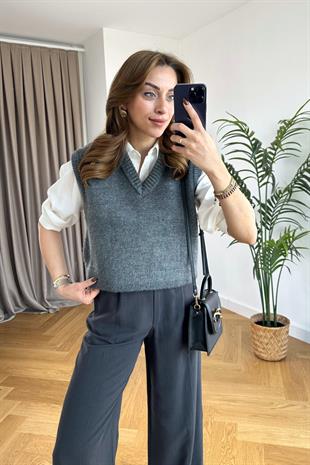 Füme Rengi V Yaka Düz Süveter