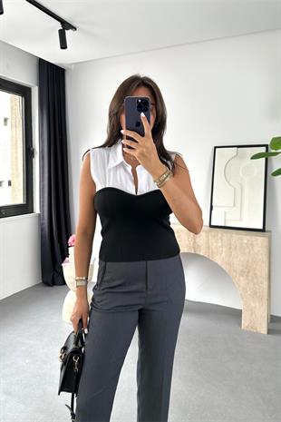 Volens Beyaz Siyah Büstiyer Detaylı Sıfır Kol Gömlek