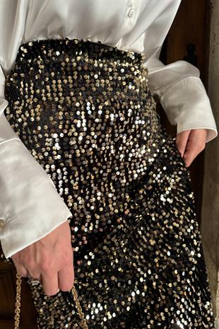 Gold Siyah Pul Payetli Midi Boy Etek