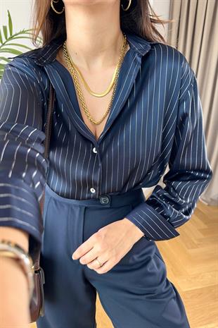 Putine Lacivert Çizgili Saten Gömlek