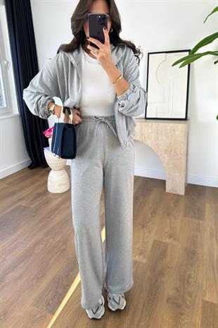 Bolse Gri Işıltılı Beli Bağlamalı Sweat Pantolon Takım