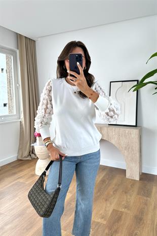 Calisa Beyaz Kolları Tül Detaylı Triko
