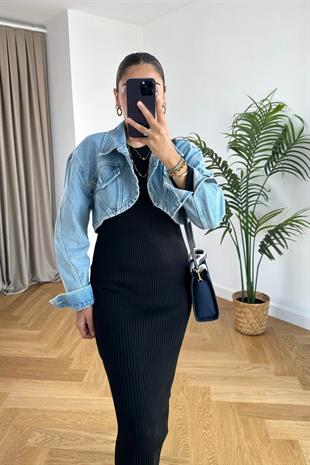 Mavi Cep Detaylı Crop Denim Ceket