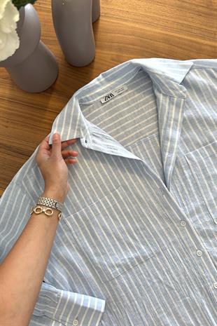 ZR Mavi Çizgili Keten Gömlek