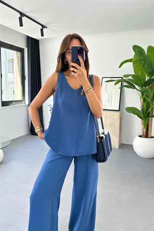 Flora İndigo V Yaka Bluz Pantolon Takım