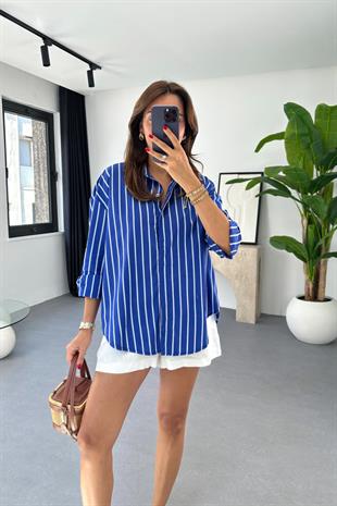 Blura Lacivert Beyaz Çizgili Dökümlü Gömlek