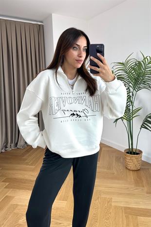 ZR Beyaz Yakası Fermuarlı Sweatshirt