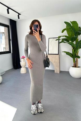 Elseva Gri Maxi Boy Triko Elbise