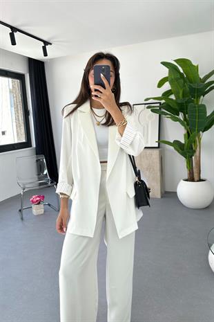 Dosy Beyaz Blazer Ceket Palazzo Pantolon Takım